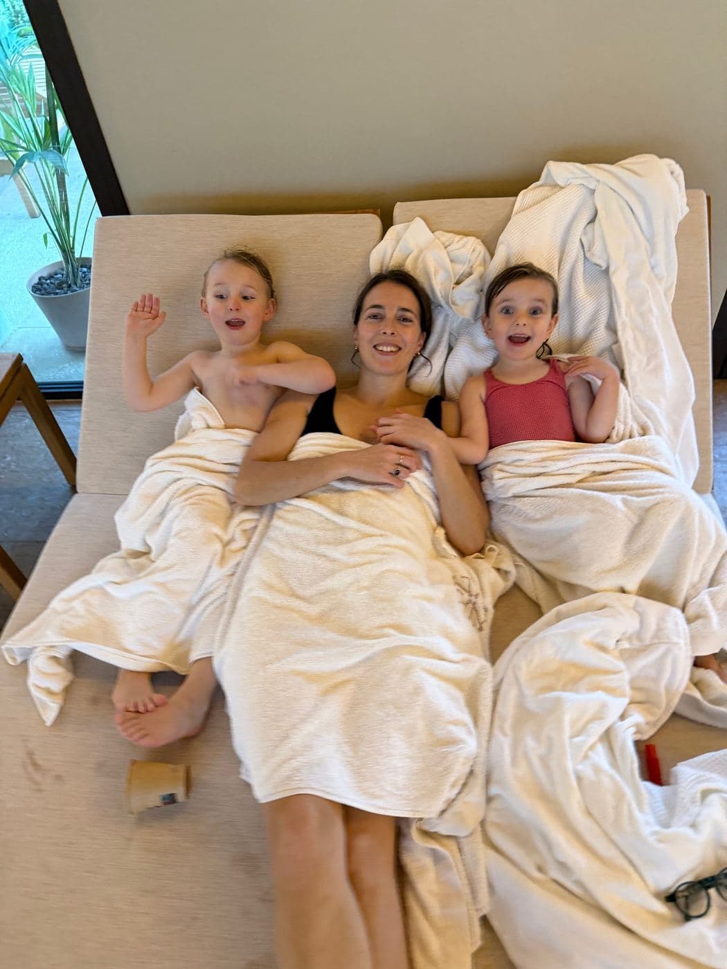 Family time on the spa loungers